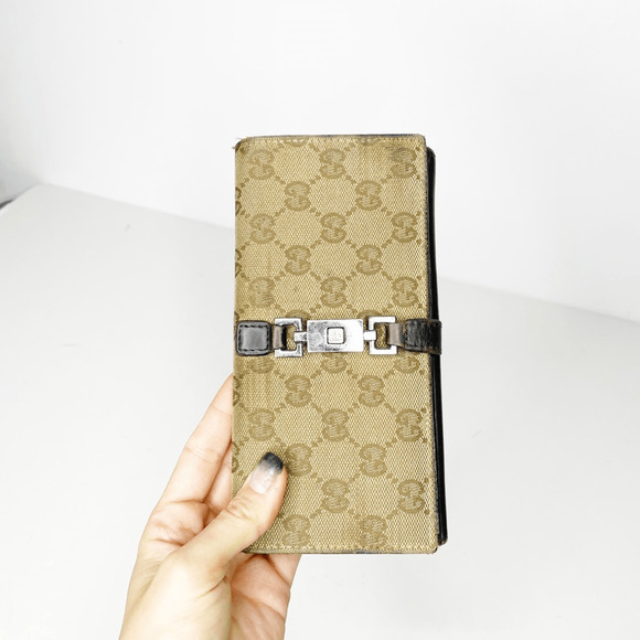 Authentic Gucci GG Monogram Logo Jackie Long Wallet canvas piston lock - Picture 2 of 7